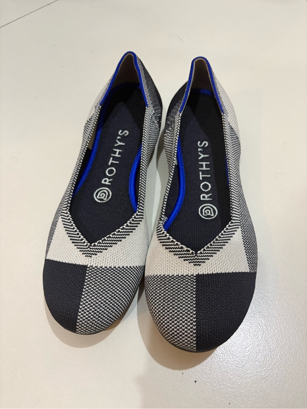 Rothy's NWOB Retired The Flat Captoe Black White Plaid Flat Shoes Size 7